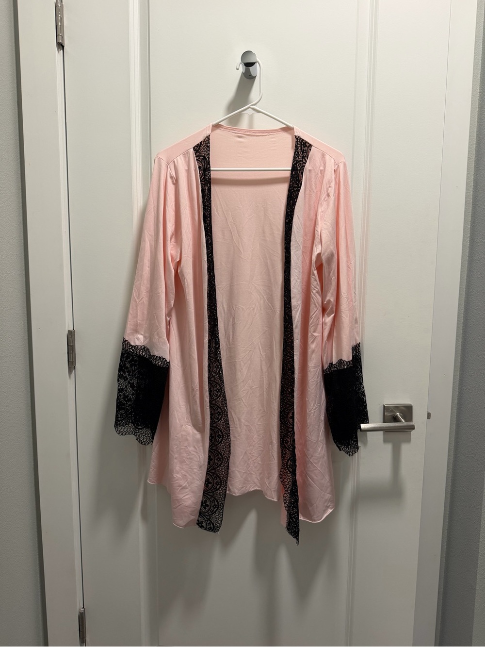 Light Pink Satin Robe with Black Lace Trim